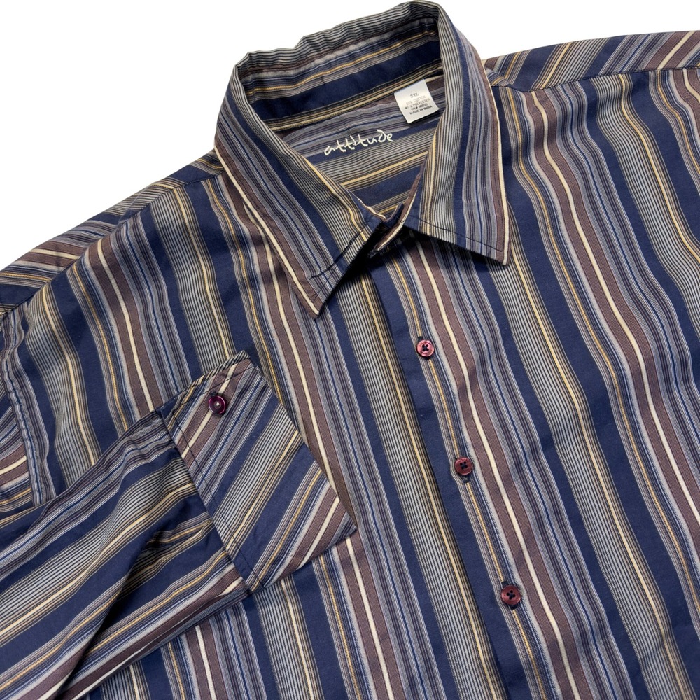 Attitude Button Down Shirt Men's 3XL Blue Brown Striped Long Sleeve Cotton